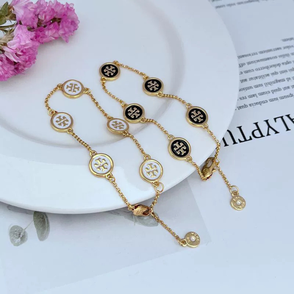Tory Burch Enamel Inlay Round Logo Metal Bracelet